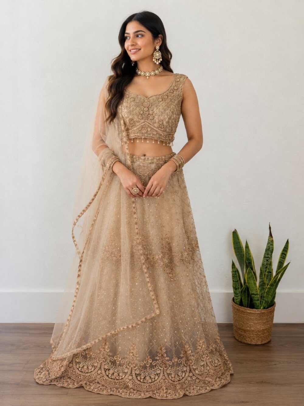 Gold Beige Embroidered Net Lehenga Choli Set Sequins Beadwork Dupatta